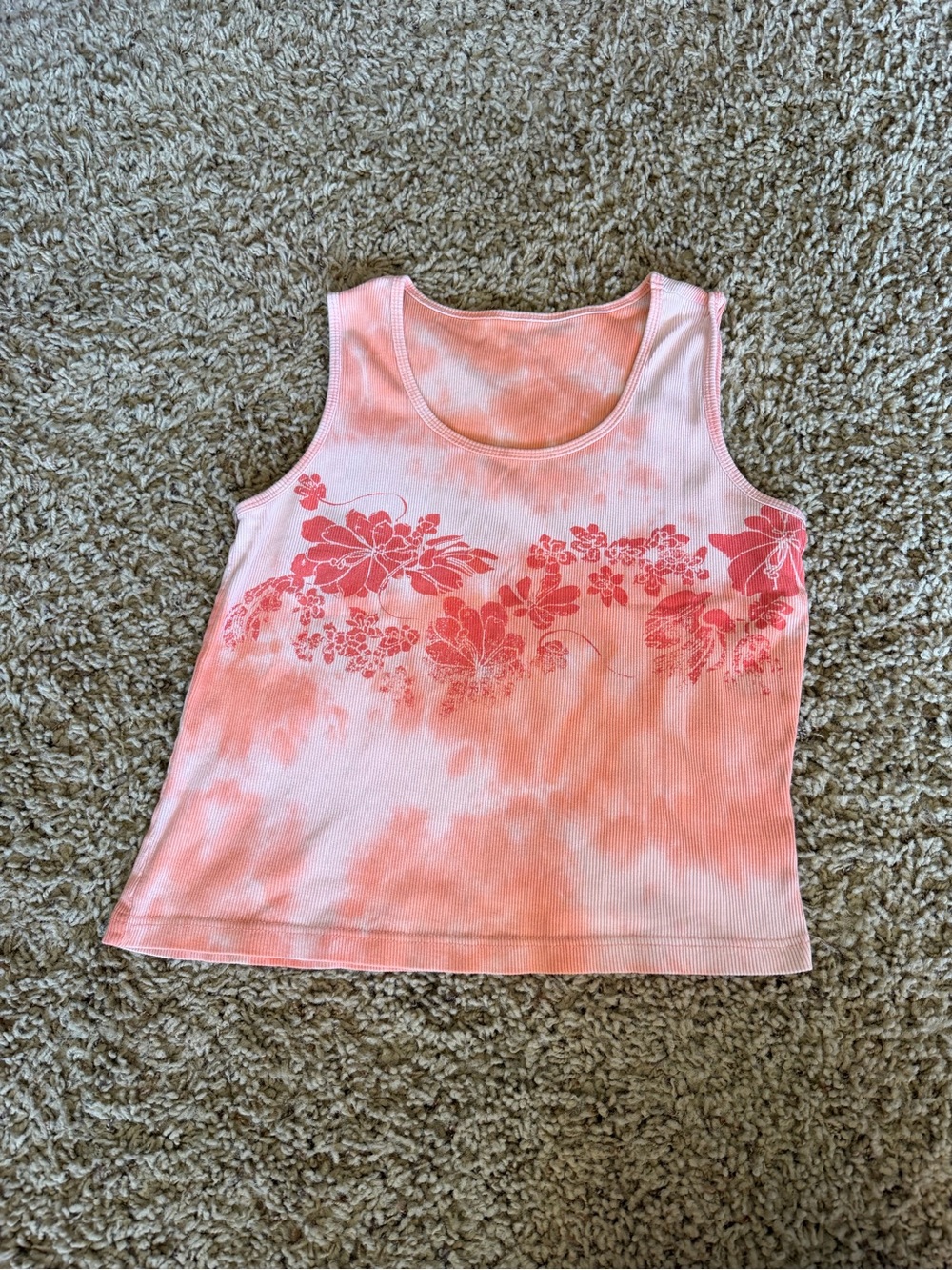Y2K Tie Dye Ribbed Tank Top Peach Pink Floral Graphic XL